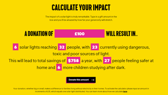 Charity website donation stats solar aid example